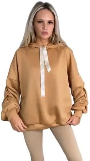 Women’s ruched sleeve oversized hoodie with ribbon detail in Sand Color