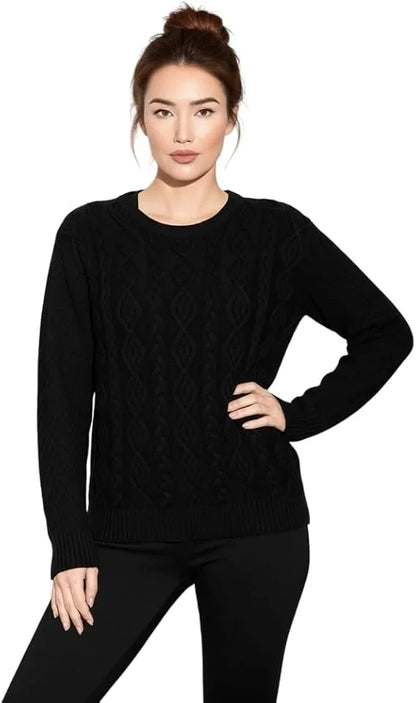 Ladies chunky diamond cable knit long sleeve sweater in Black color