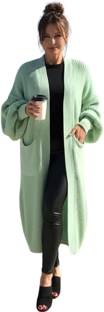 Ladies oversized long cardigan with balloon sleeves and chunky ribbed knit in Mint color