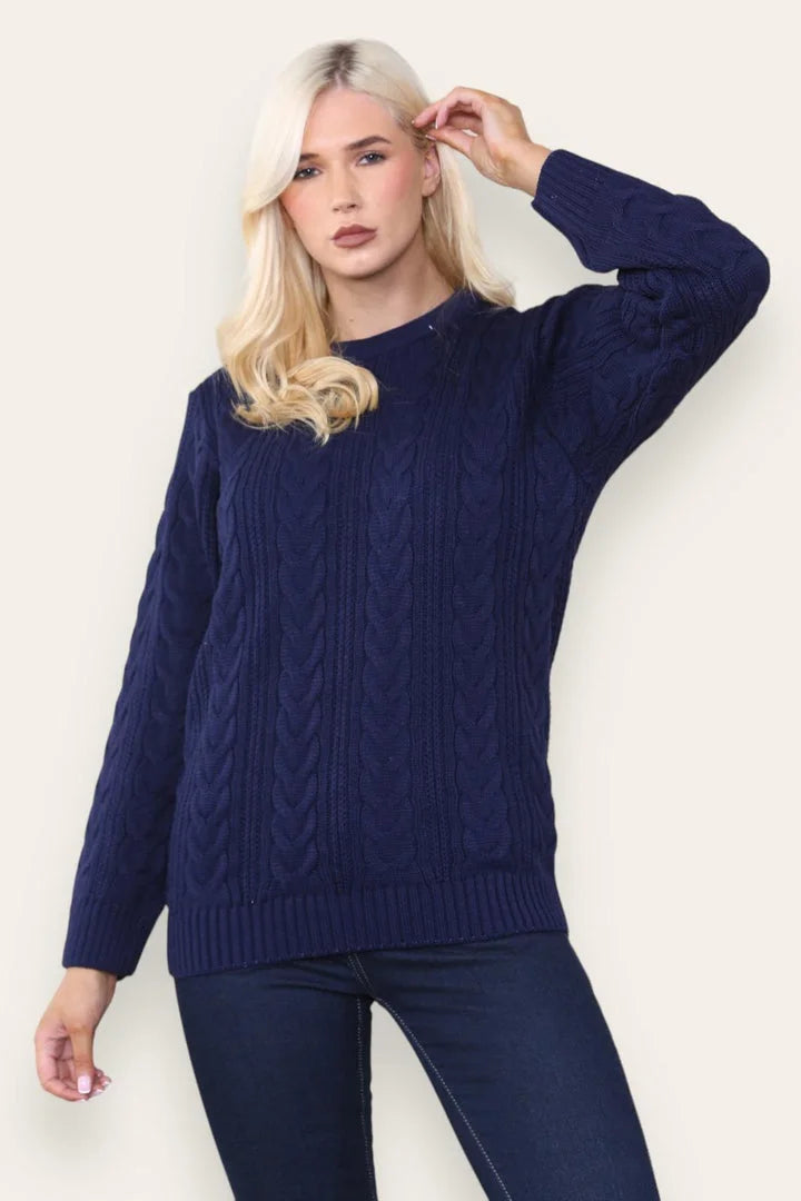 Ladies crew neck thick knit jumper in Navy color