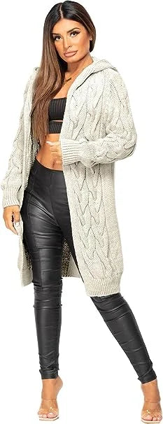 Ladies oversized long hooded cable knit cardigan in Cream color