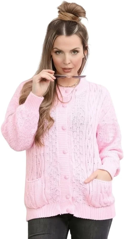 Ladies long sleeve cable knit cardigan with pockets in Pink color