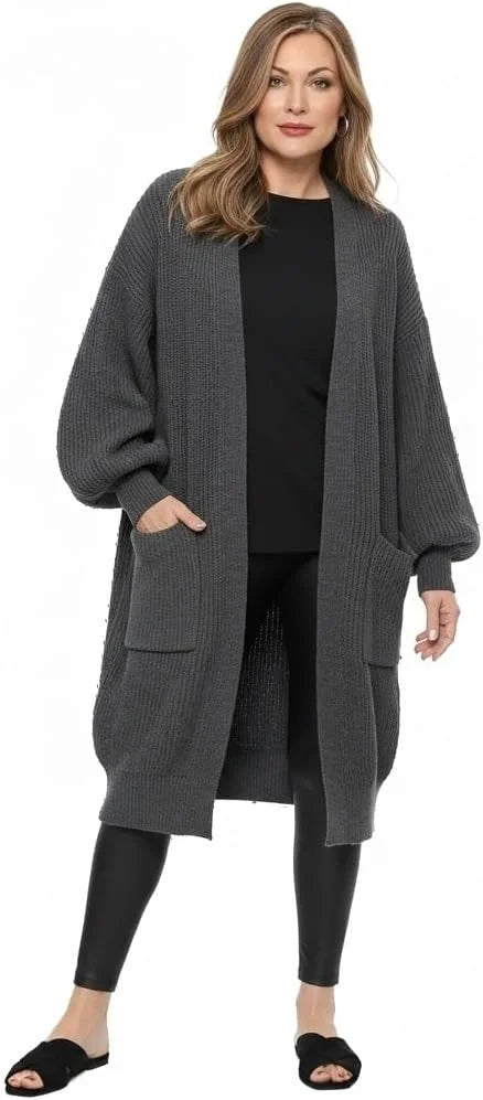 Ladies oversized long cardigan with balloon sleeves and chunky ribbed knit in Charcoal color