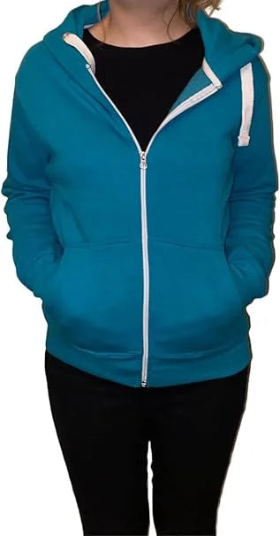 Ladies fleece hooded top with zipper in Turquoise color