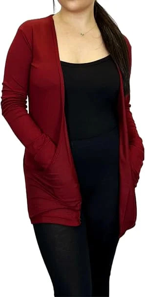 Ladies long sleeve open front pocket cardigan in Wine color