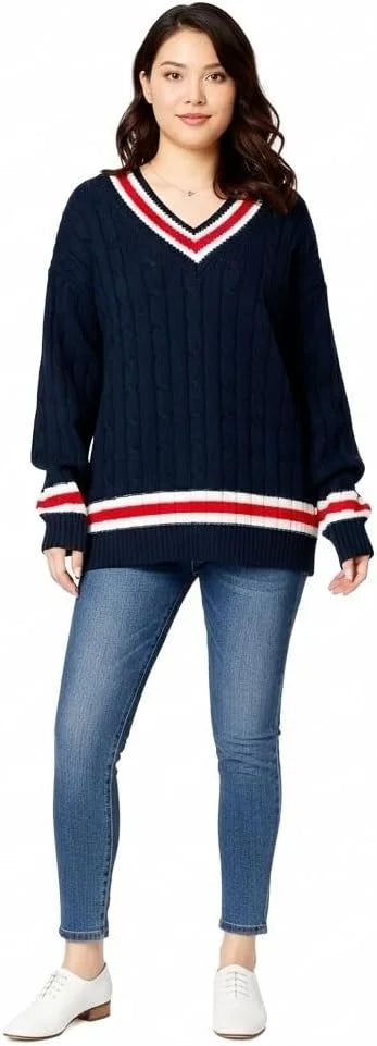 Women’s cable knitted V-neck cricket sweater in Navy color