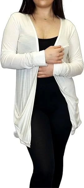 Ladies long sleeve open front pocket cardigan in Cream color