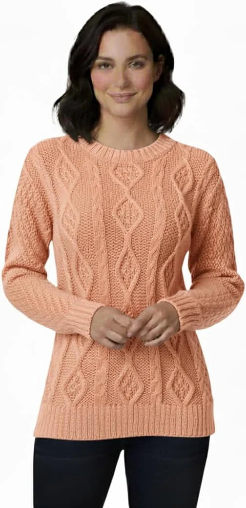 Ladies chunky diamond cable knit long sleeve sweater in Nude color