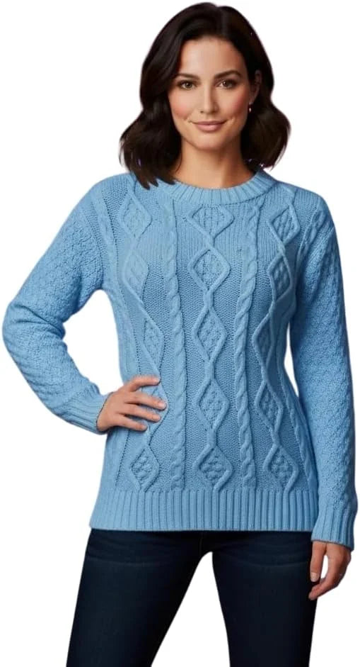 Ladies chunky diamond cable knit long sleeve sweater in Sky Blue color