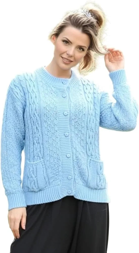 Ladies long sleeve cable knit cardigan with pockets in Sky Blue color