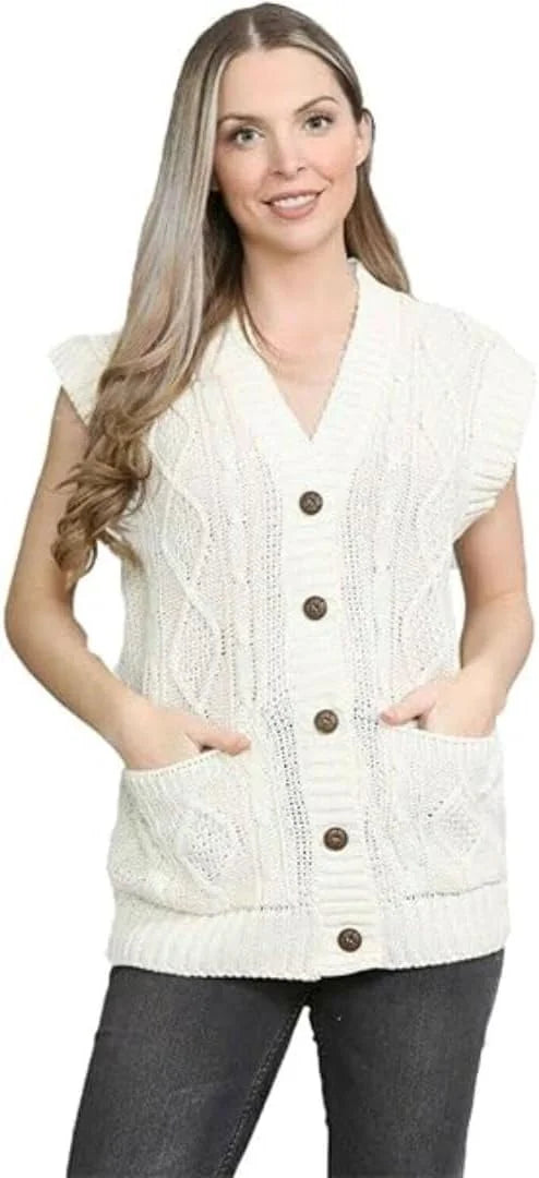 Ladies sleeveless cable knit cardigan vest with 5 buttons and 2 pockets in Cream color