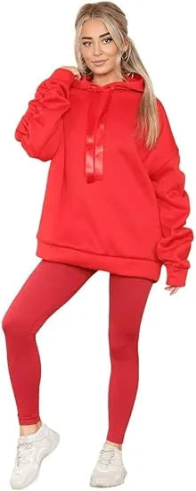 Women’s ruched sleeve oversized hoodie with ribbon detail in Red color