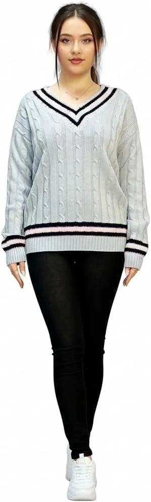 Women’s cable knitted V-neck cricket sweater in Silver color
