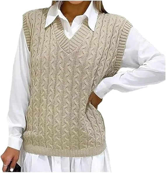 Women’s cable knit sleeveless jumper vest in Stone color
