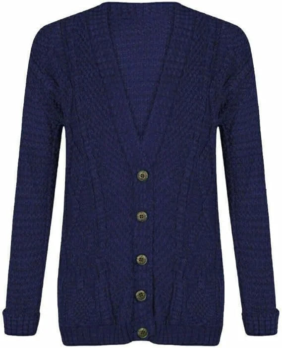 Women’s chunky Aran cable knit button cardigan in Navy color