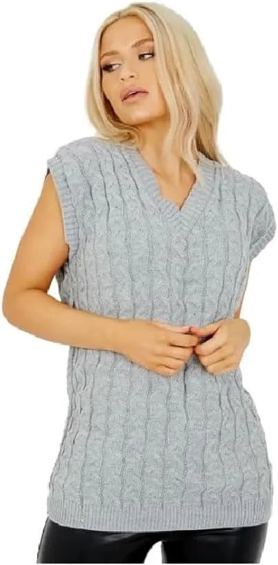 Women’s cable knit sleeveless jumper vest in Silver color