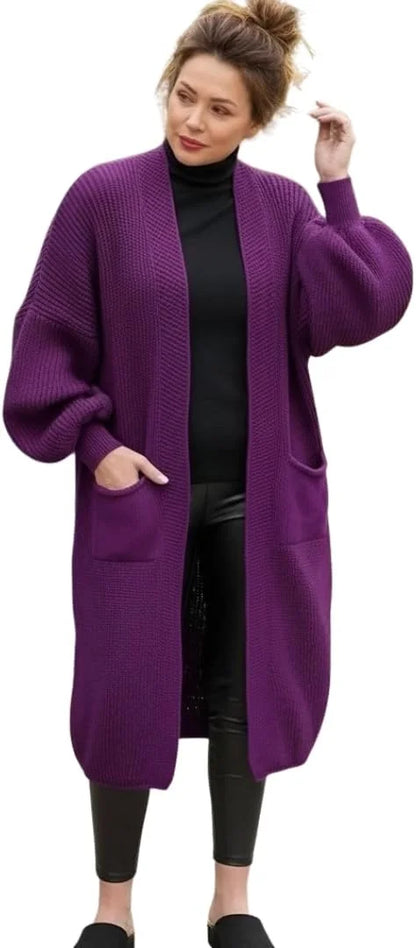 Ladies oversized long cardigan with balloon sleeves and chunky ribbed knit in Purple color