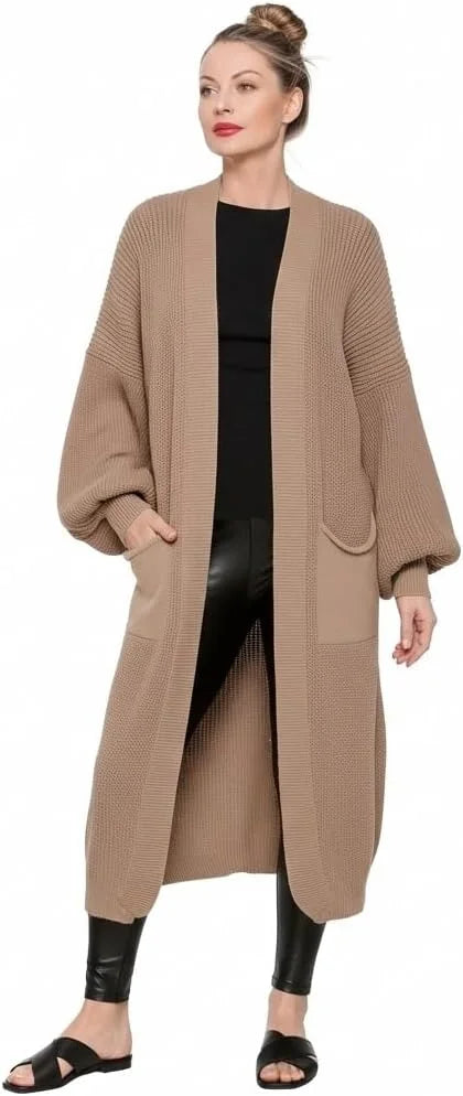 Ladies oversized long cardigan with balloon sleeves and chunky ribbed knit in Mocha color