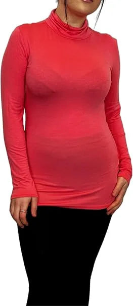 Ladies polo roll neck long sleeve jumper in Coral color