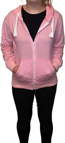 Ladies fleece hooded top with zipper in Pink color