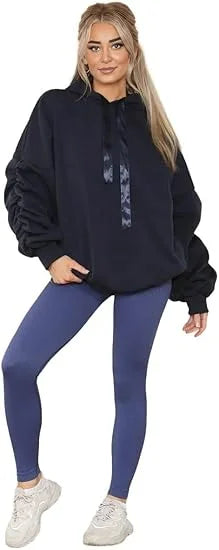 Women’s ruched sleeve oversized hoodie with ribbon detail in Navy color