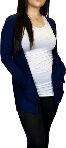 Ladies long sleeve open front pocket cardigan in Navy color