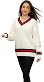 Women’s cable knitted V-neck cricket sweater in Cream color