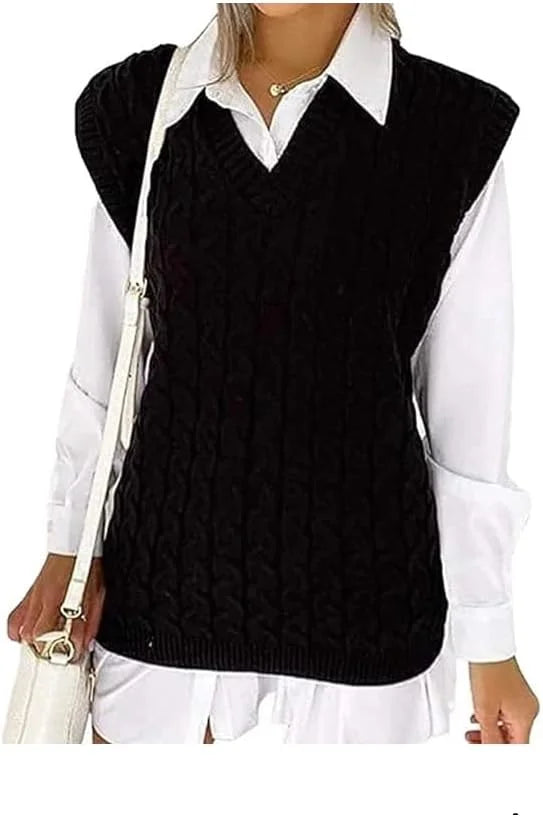Women’s cable knit sleeveless jumper vest in Black color