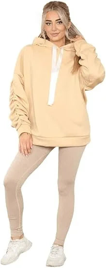 Women’s ruched sleeve oversized hoodie with ribbon detail in Stone color