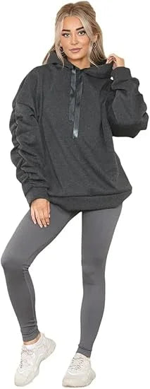 Women’s ruched sleeve oversized hoodie with ribbon detail in Charcoal color