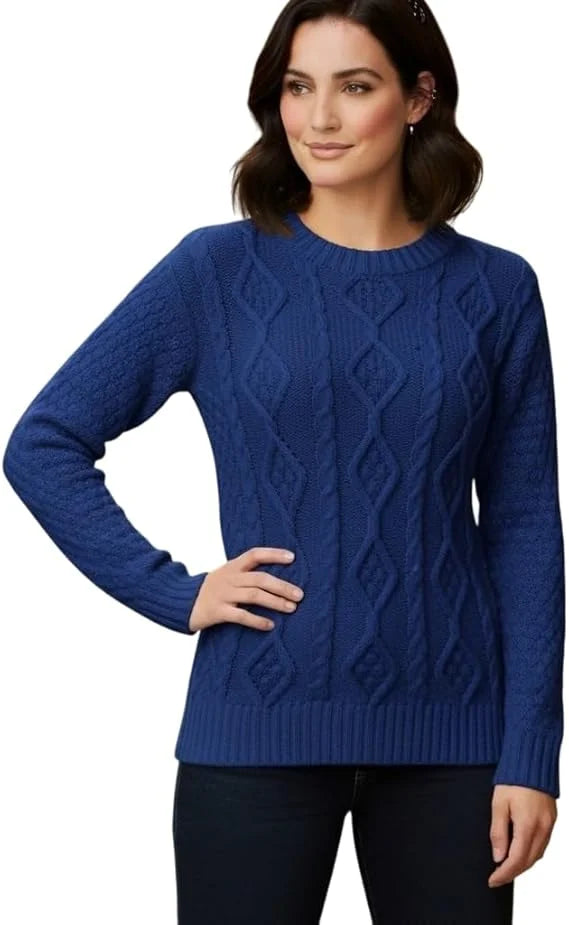 Ladies chunky diamond cable knit long sleeve sweater in Royal Blue color