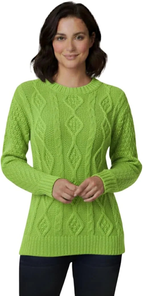 Ladies chunky diamond cable knit long sleeve sweater in Lime color