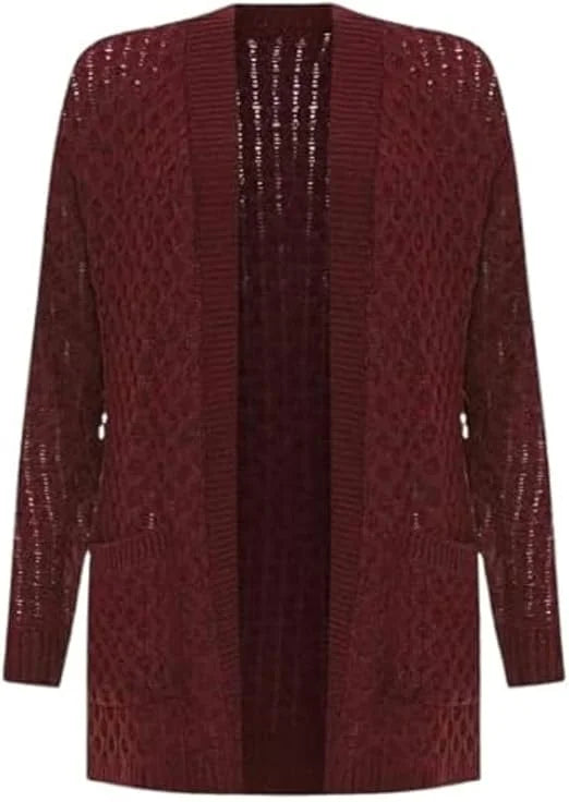 Women’s cable knitted open front cardigan with pockets in Wine color