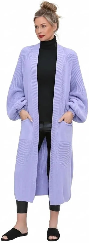 Ladies oversized long cardigan with balloon sleeves and chunky ribbed knit in Lilac color