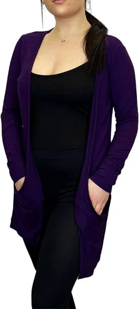 Ladies long sleeve open front pocket cardigan in Purple color