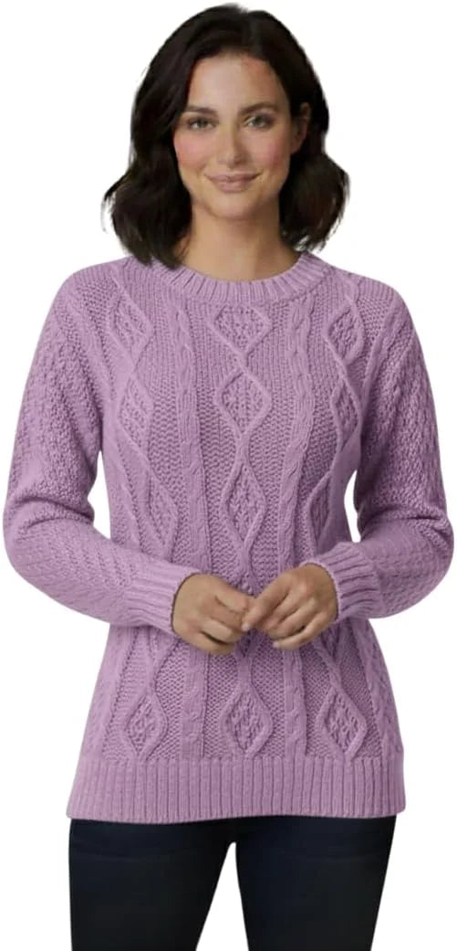 Ladies chunky diamond cable knit long sleeve sweater in Lilac color