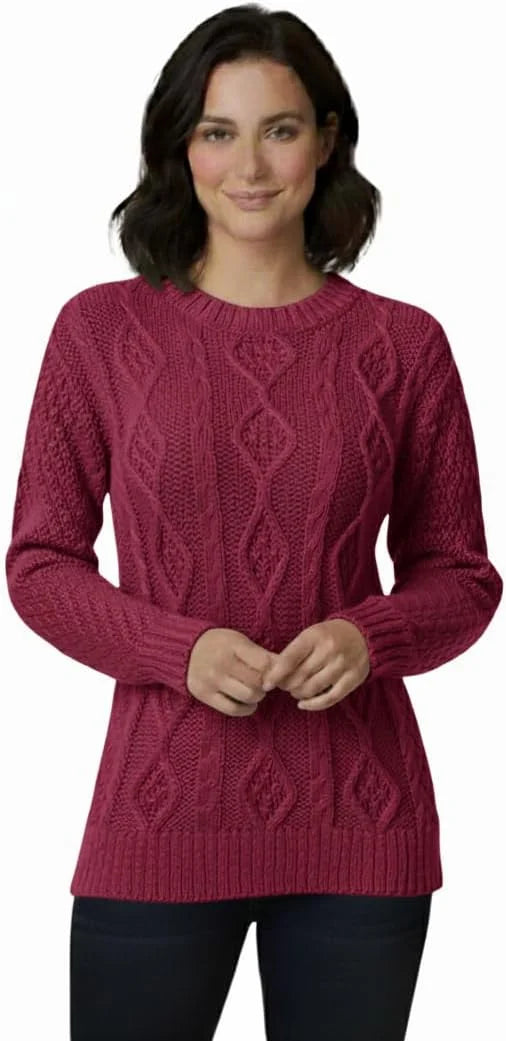 Ladies chunky diamond cable knit long sleeve sweater in Cerise color