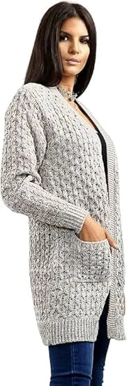 Women’s cable knitted open front cardigan with pockets in Cream color