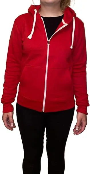 Ladies fleece hooded top with zipper in Red color