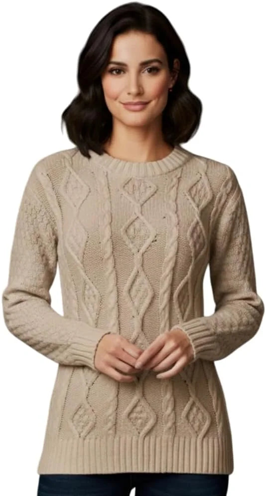 Ladies chunky diamond cable knit long sleeve sweater in Stone color