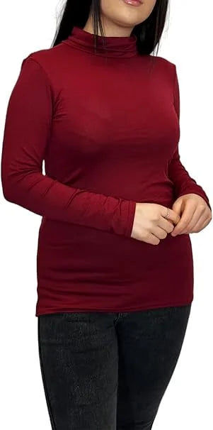 Ladies polo roll neck long sleeve jumper in Wine color