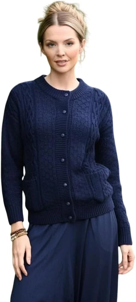 Ladies long sleeve cable knit cardigan with pockets in Nany color