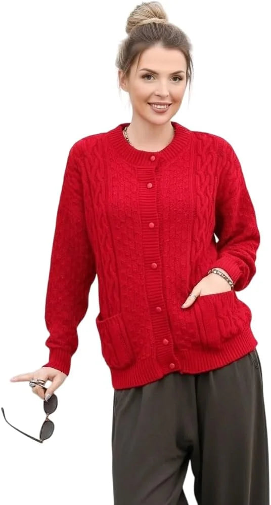 Ladies long sleeve cable knit cardigan with pockets in Red color