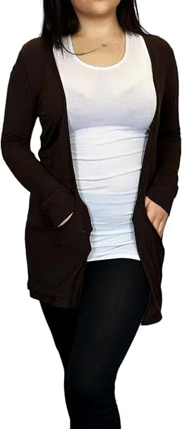 Ladies long sleeve open front pocket cardigan in Chocolate Brown color