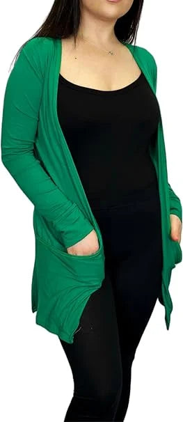 Ladies long sleeve open front pocket cardigan in Jade Green color