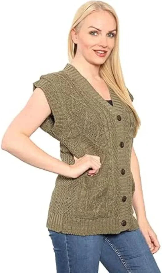 Ladies sleeveless cable knit cardigan vest with 5 buttons and 2 pockets in Khaki color