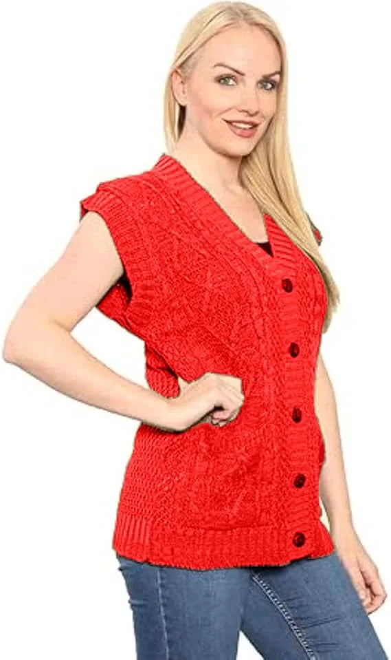 Ladies sleeveless cable knit cardigan vest with 5 buttons and 2 pockets in Red color