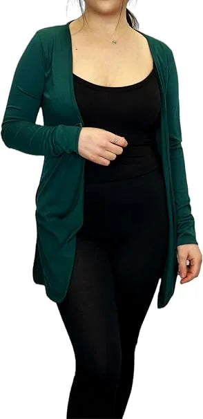 Ladies long sleeve open front pocket cardigan in Bottle Green color