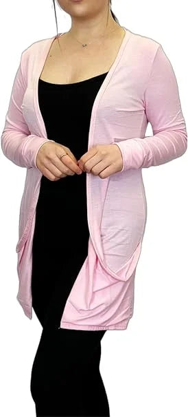 Ladies long sleeve open front pocket cardigan in Pink color