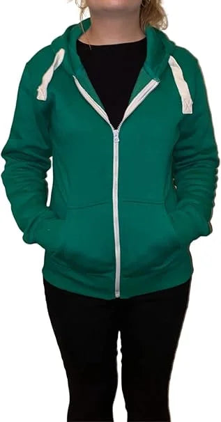 Ladies fleece hooded top with zipper in Jade Green color
